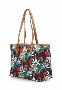 Tasche mit floralem Druck in Rot, Grün und Weiß auf dunklem Hintergrund, mit braunen Ledergriffen und dekorativen Hardware-Akzenten.