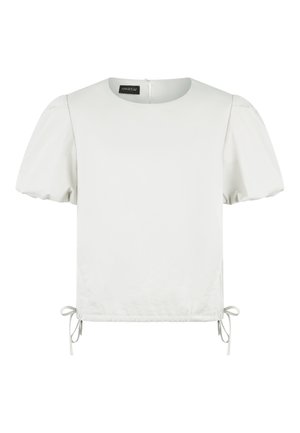 White short-sleeve blouse with puffed sleeves, round neckline, side drawstrings, and zipper closure at the back neck.