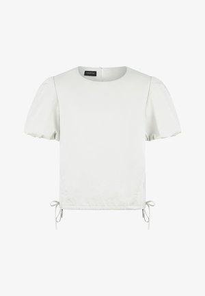 White short-sleeve blouse with puffed sleeves, round neckline, side drawstrings, and zipper closure at the back neck.
