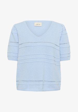 Lichtblauwe gebreide top met een V-hals, korte mouwen en een structuur van horizontale strepen. Bevat kleine ronde uitsparingen langs het ontwerp.