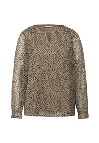 Beige blouse met lange mouwen en een zwart onregelmatig stippenpatroon, ronde halslijn met kleine V-snit en licht opgeblazen manchetten.