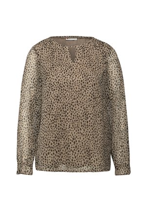 Beige Bluse mit langen Ärmeln, unregelmäßigem schwarzen Punktmuster, rundem Halsausschnitt mit kleinem V-Ausschnitt und leicht puffierten Manschetten.