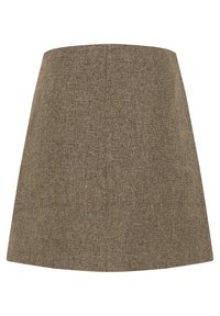 Jupe A-line en tweed marron avec un motif en chevrons, présentant une silhouette épurée et structurée ainsi qu'une texture lisse, adaptée à diverses occasions.