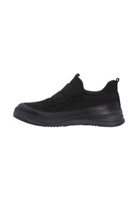 Czarne sportowe buty z gładkim skórzanym cholewką, elastycznymi paskami do zapięcia, teksturowaną podeszwą i minimalistycznym designem.