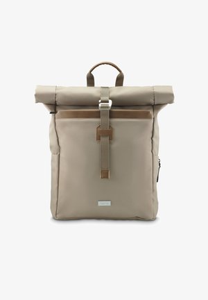 Beige roll-top backpack with brown accents, zipper pocket, and adjustable strap. Made of durable fabric with a rectangular shape.