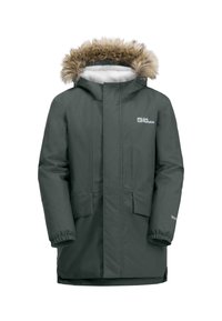 Tume roheline veekindel parka, mille kapuutsil on kunstlikud karvad, elastsed mansetid, kaks esikot ja logo vasakul ülal.