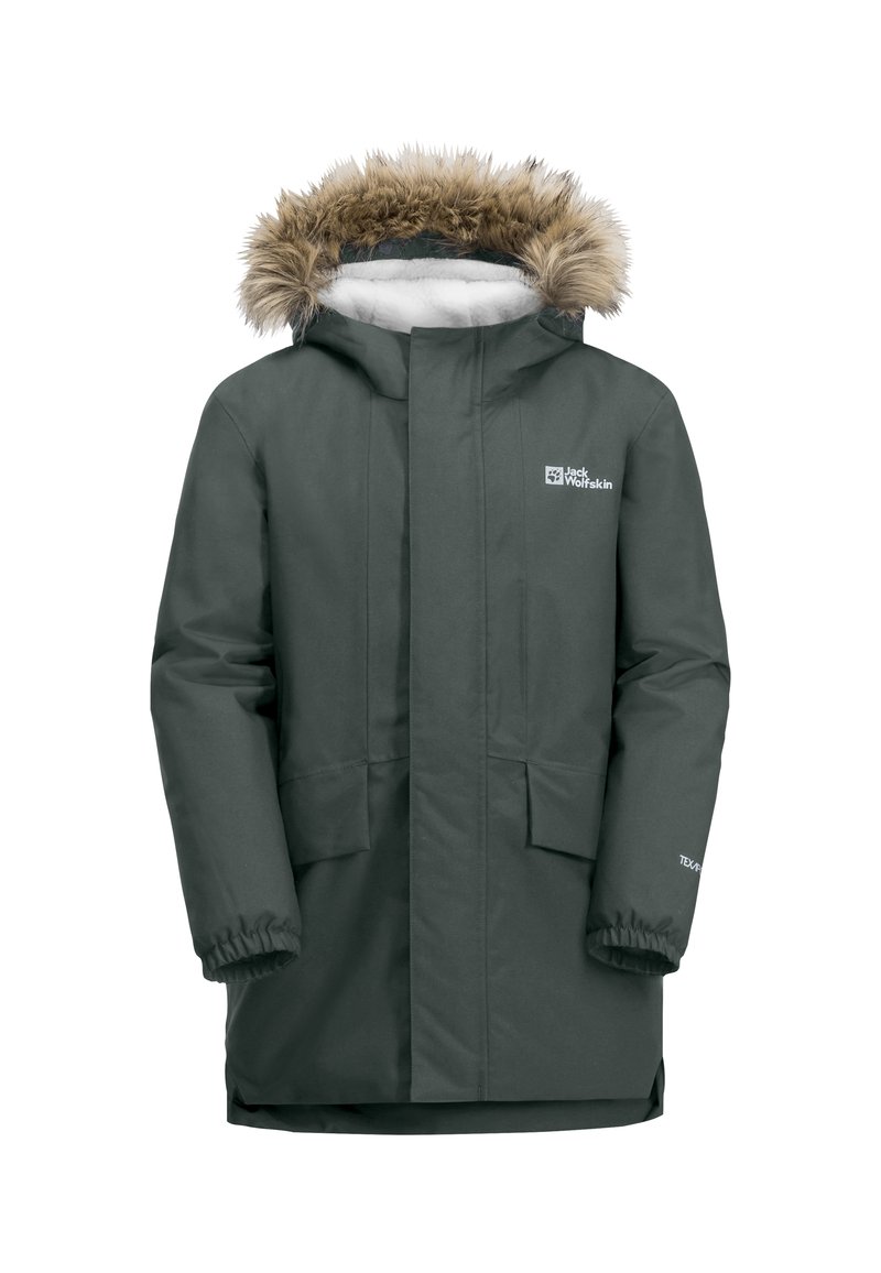 Dunkelgrüner wasserdichter Parka mit Kunstfellbesatz an der Kapuze, elastischen Bündchen, zwei Vordertaschen und Logo auf der oberen linken Seite.