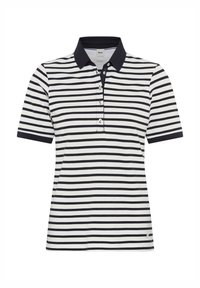 Polo a righe con maniche corte in bianco e nero, scollatura con bottoni, colletto a costine e logo di accentatura vicino all'orlo.