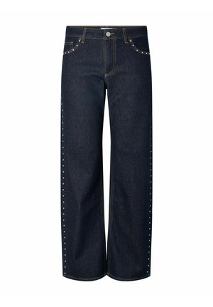 Mørk denim jeans med vide ben. Funksjonene inkluderer en standard linning, sølvstuddedetaljer langs sidesømmene og kontrastsøm.