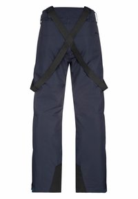 Pantalon de ski imperméable bleu marine avec bretelles noires réglables croisées dans le dos et renforts noirs sur l'intérieur des jambes basses.