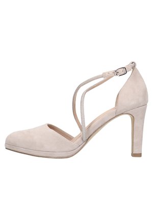 Beige suede hoge hak schoen met een ronde neus, enkelbandjes en een slanke stiletto hak. Gladde textuur, minimaal ontwerp detail.