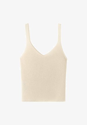 Svetlo krem top brez rokavov z v-izrezom, tankimi naramnicami in mehko, rebrasto teksturo, z oprijetim krojem za elegantno silhueto.