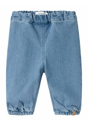 Pantaloni in denim blu chiaro con vita elasticizzata e polsini arricciati. Presenta un'etichetta sul retro. Texture liscia, design a gamba dritta.