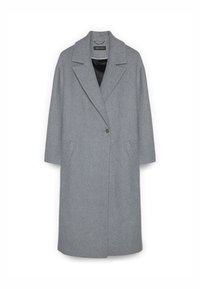 Cappotto grigio in lana con colletto a punta, chiusura a un bottone, tasche laterali e vestibilità dritta. Tessuto testurizzato con una finitura morbida.