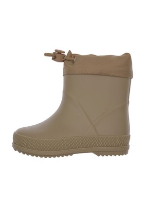 Stivale da pioggia in gomma beige con suola strutturata e polsino in tessuto regolabile con chiusura a scatto intorno alla caviglia.