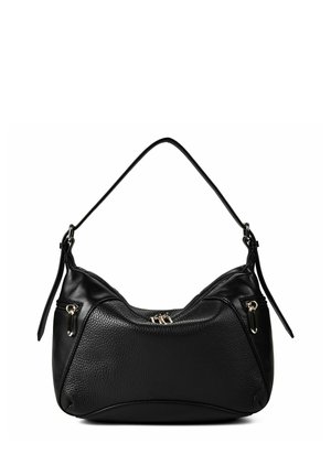 Bolso de hombro negro de cuero con una sola correa, frontal texturizado y dos pequeños bolsillos con cremallera a cada lado.