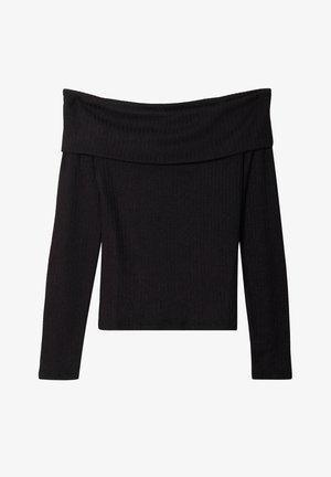 Zwarte geribbelde gebreide off-the-shoulder lange mouwen top met een brede omgeslagen halslijn en een aansluitende silhoeët.