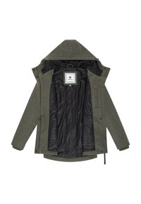 Veste à capuche verte avec doublure intérieure à motifs noirs, fermeture éclair à l'avant, boutons-pression, et une petite poche poitrine à l'intérieur.
