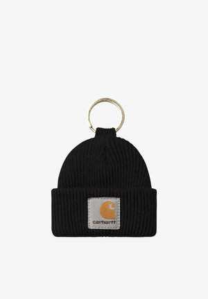 Black knitted beanie keychain with folded cuff and square Carhartt logo patch, attached to a gold metal key ring.