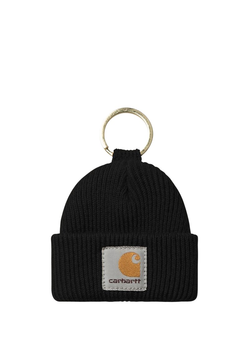 Portachiavi con berretto lavorato a maglia nero con risvolto piegato e toppa quadrata con logo Carhartt, attaccato a un anello portachiavi in metallo dorato.