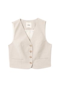 Beige gestreiftes ärmelloses Weste mit tiefem V-Ausschnitt, fünf Knöpfen, zwei Fronttaschen und glattem Innenfutter.