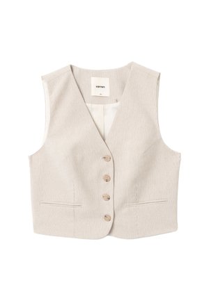 Beige gestreepte mouwloze vest met een diepe V-hals, vijf knoopsluitingen, twee voorkruiszakken en een soepele binnenvoering.