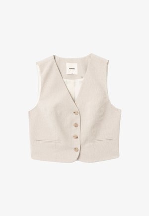 Beige gestreiftes ärmelloses Weste mit tiefem V-Ausschnitt, fünf Knöpfen, zwei Fronttaschen und glattem Innenfutter.