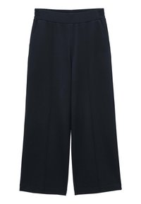 Marinblå vida byxor med elastisk midja och sidofickor, med framseamsdetaljer.