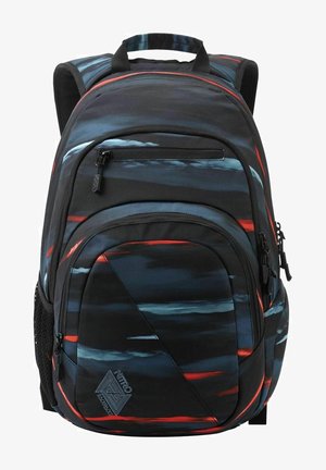 Sac à dos noir avec des motifs abstraits bleu et rouge, doté de plusieurs compartiments, d'une poche avant zippée et d'une poche en filet sur le côté texturé.