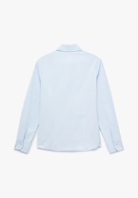 Lichtblauw overhemd met lange mouwen, kraag, knopenmanchetten en een gladde textuur. Heeft een schone achterkant zonder extra details.