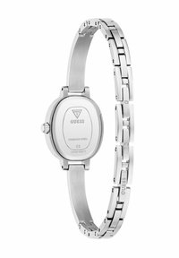 Montre-bracelet en acier inoxydable avec un bracelet en maillons argentés brillants et un boîtier ovale. Elle présente un cadran simple et un logo au dos.