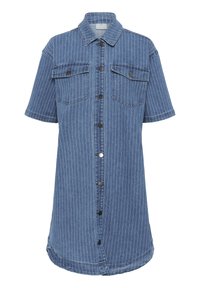 Kortärmad denimklänning i ljusblått med vita vertikala ränder, med knäppning fram, två bröstfickor och krökt nederkant.