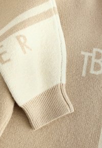 Beige trui met een gestructureerde brei. Bevat een crèmekleurig mouwdetail met geribbelde manchetten en subtiele branding in lichtbruin.