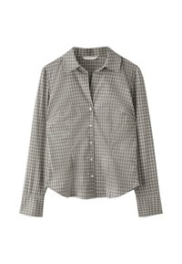 Chemise à manches longues boutonnée avec un petit motif à carreaux gris et blanc, col pointu et manches à poignets.
