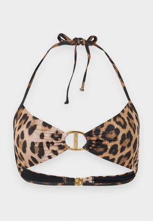 Top bikini con stampa leopardata, fibbia circolare dorata al centro e spalline a halter annodate dietro al collo.