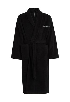 Crni bathrobe od mekog frotira, s rever kragnom, vezom u struku, dva prednja džepa i izvezenim logom na grudima.