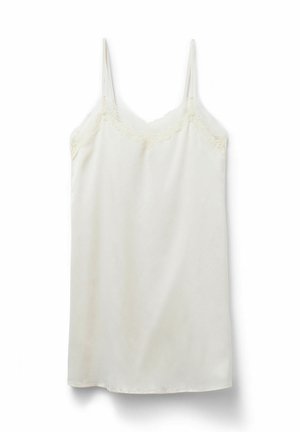Top de tirantes crema con delicado encaje en el escote, tirantes finos ajustables y una textura suave y satinada.