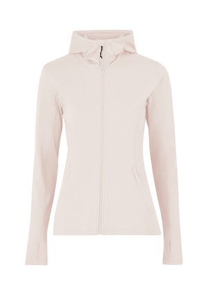 Hellbeige taillierte Jacke mit durchgehendem Frontreißverschluss, Kapuze, langen Ärmeln, Daumenlöchern und Seitentaschen.