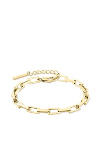 Gouden kettingarmband met rechthoekige schakels met gladde oppervlakken, een klipsluiting en een verstelbaar chain gedeelte voor maat.}}