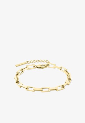 Goldfarbene Kettenarmband mit rechteckigen Gliedern mit glatten Oberflächen, einem Verschluss und einem verstellbaren Kettenabschnitt zur Größenanpassung.