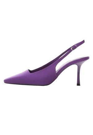 Chaussure violette à talon haut à bout pointu, avec une bride arrière fine réglable et un talon aiguille.