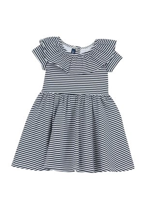 Robe à manches courtes à rayures horizontales noires et blanches, avec col à volants et jupe froncée pour tout-petit ou jeune enfant.