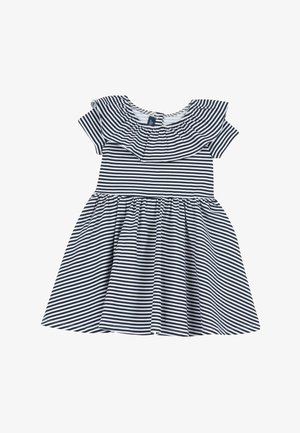 Robe à manches courtes à rayures horizontales noires et blanches, avec col à volants et jupe froncée pour tout-petit ou jeune enfant.
