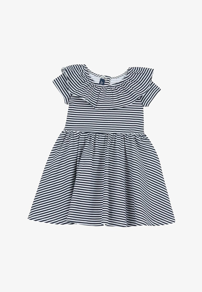 Robe à manches courtes à rayures horizontales noires et blanches, avec col à volants et jupe froncée pour tout-petit ou jeune enfant.