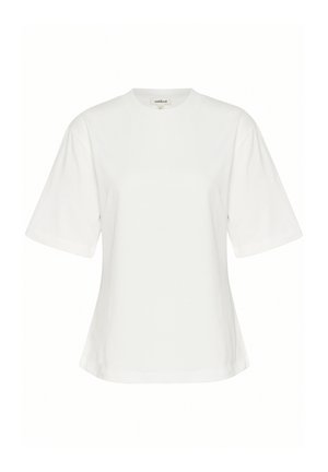 Bílé tričko s krátkým rukávem, kulatým výstřihem, volným střihem, hladkou bavlněnou tkaninou a minimalistickým designem. Bez viditelných vzorů nebo akcentů.
