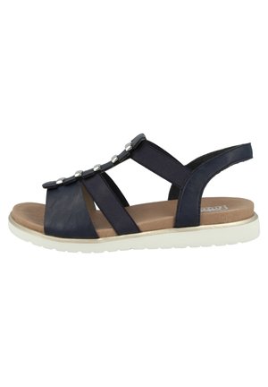 Sandal blu navy con fasce larghe, dettagli argentati e plantare imbottito beige. Suola bianca leggera con grip testurizzato.