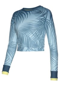 Lichtblauwe cropped trui met lange mouwen, versierd met palmbladeren, met contrasterende donkerblauwe en gele cuffs, gemaakt van een soepele, rekbare stof.