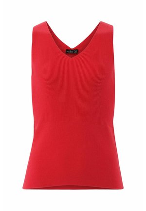Rotes, geripptes, ärmelloses Oberteil mit V-Ausschnitt und leicht ausgestellt Saum. Hergestellt aus elastischem Material mit glatter Textur.