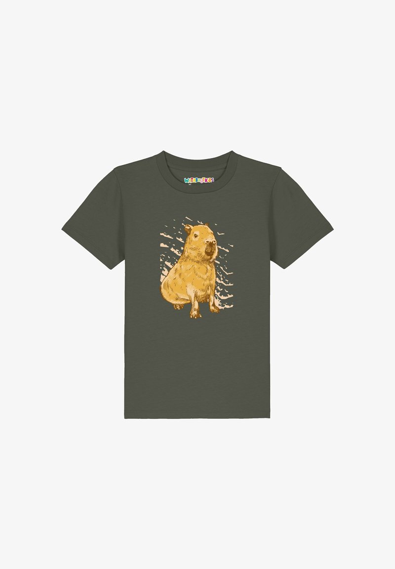 Dunkelgrünes Kinder-T-Shirt mit kurzen Ärmeln und einer detaillierten Illustration einer goldbraunen Capybara, mittig auf der Vorderseite.