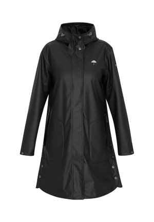 Mustade veekindlad jope kapuutsiga, millel on lukuga eesmine osa, kaks küljetaskut, nupukommid ja logo rinnal. Sile tekstuur.